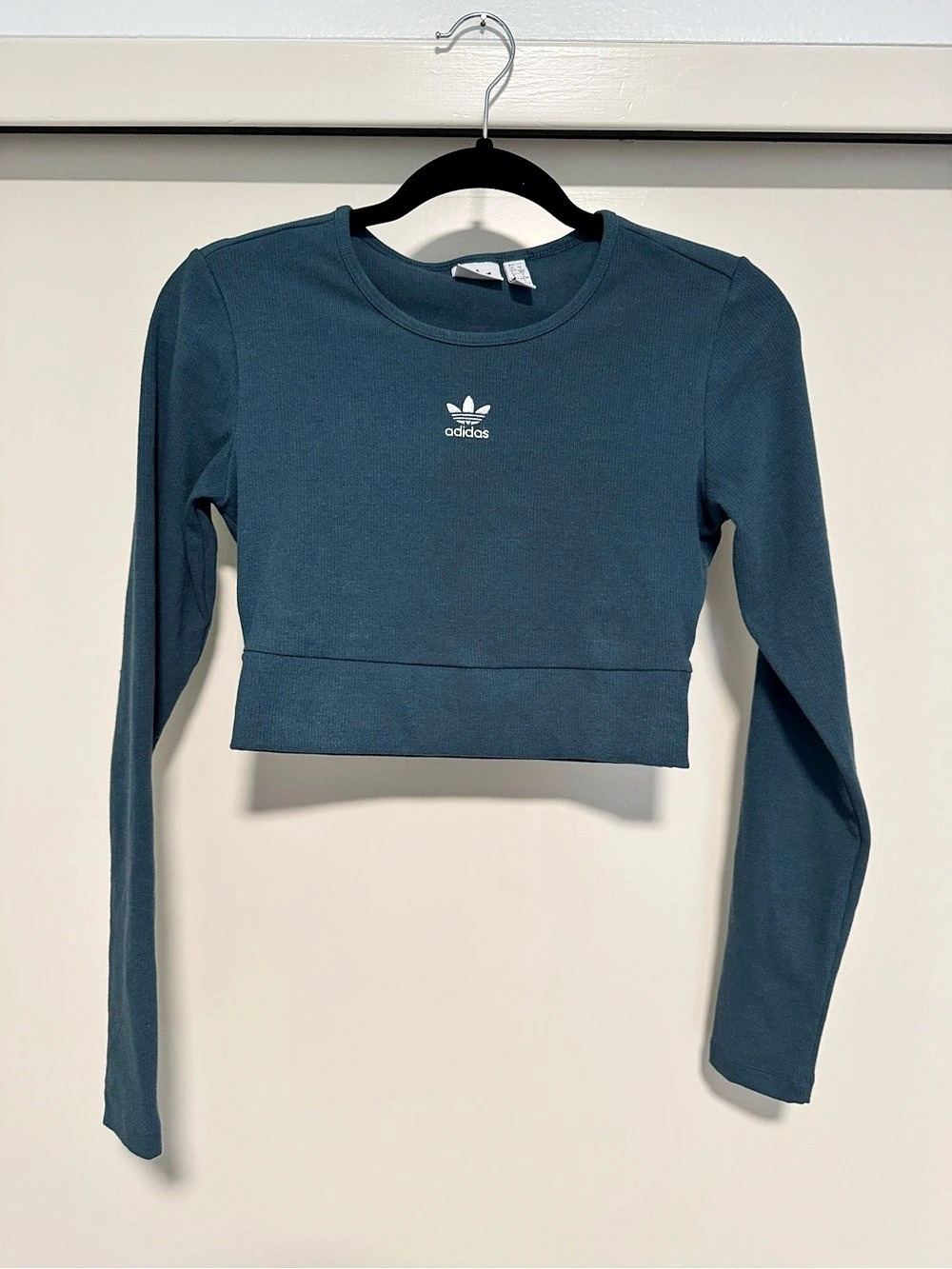 Adidas Trefoil Essentials Rib Long Sleeve Crop Top Teal Blue Size Small